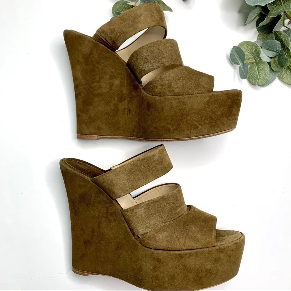 Baldan Tan Brown Suede Platform Wedge Sandals Slide On Mule Designer